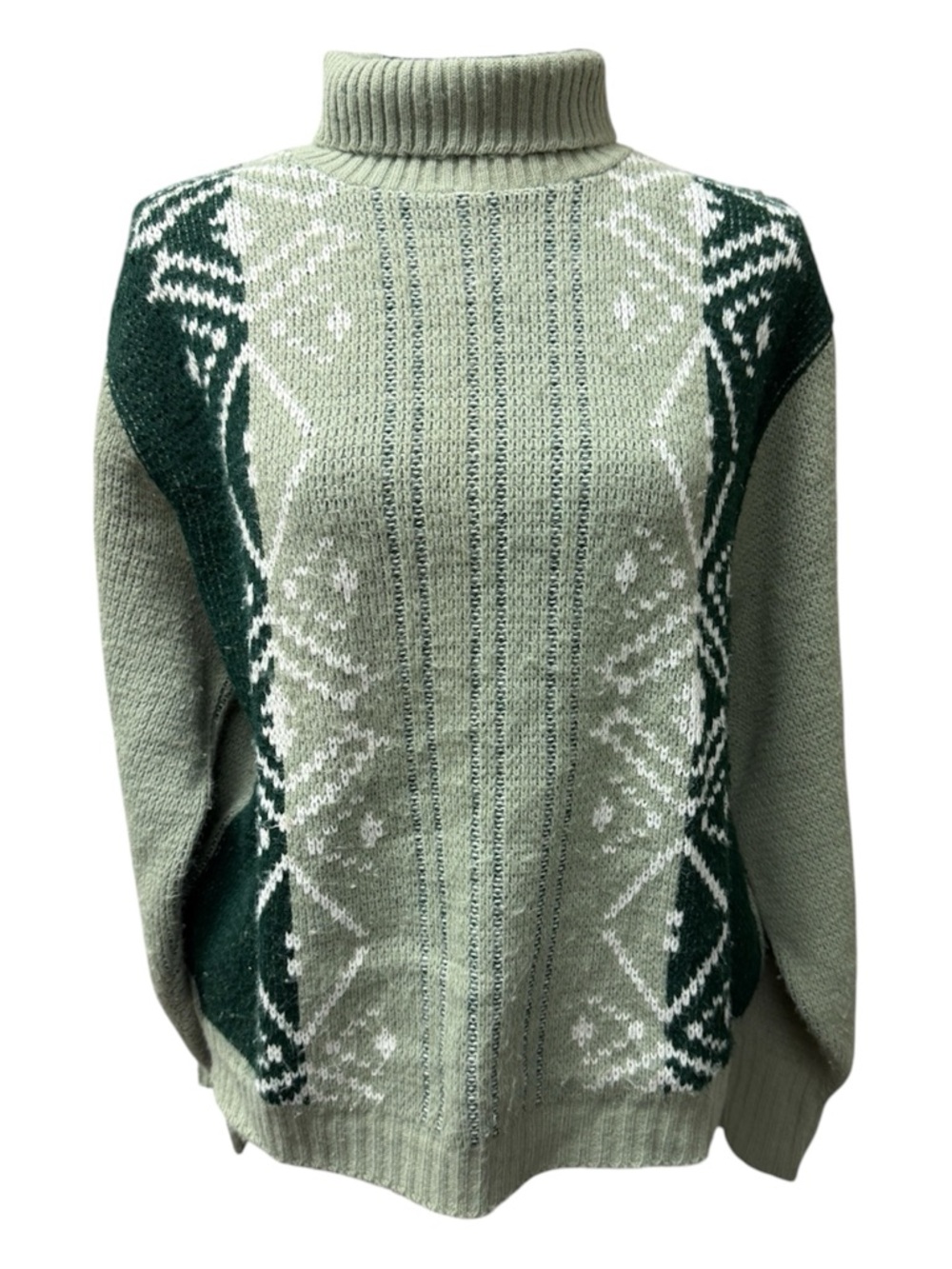 Vintage Puritan Ski Sweater Green Turtleneck Nordic Fair Isle Medium USA